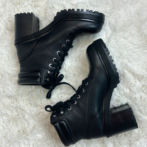 Zara Black Leather Combat Boots Stacked Heel Lug Sole - Picture 10 of 12
